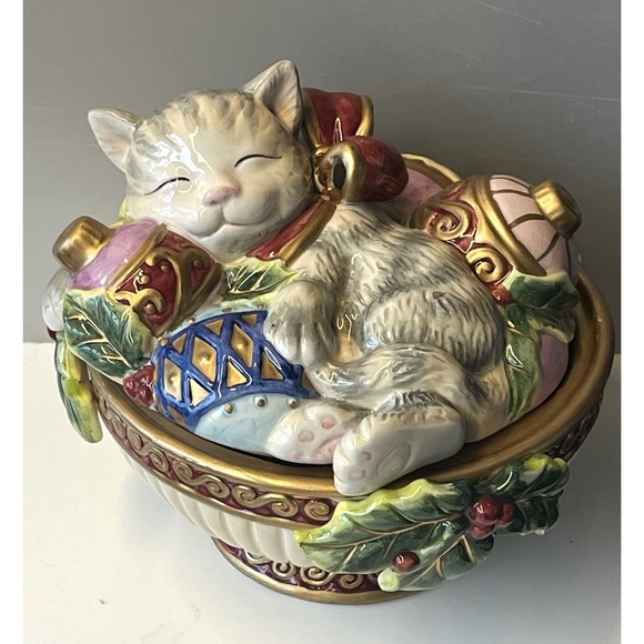 Fitz and Floyd Christmas Kitten Lidded Box Sleeping‎ Cat in Ornaments Candy Dish - Picture 1 of 6